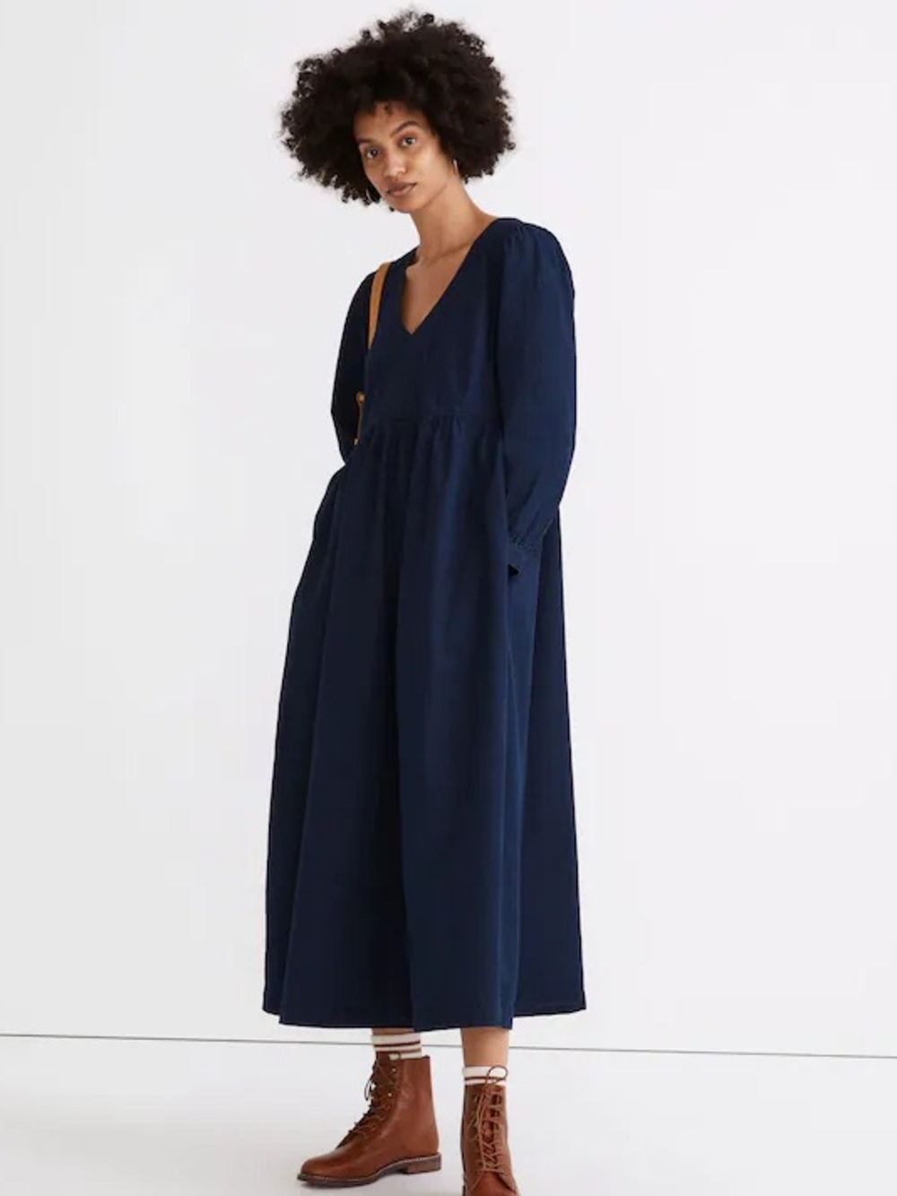 Madewell Denim Babydoll Maxi Dress Size L Blue Cotton V-Neck Puff Sleeve Midi